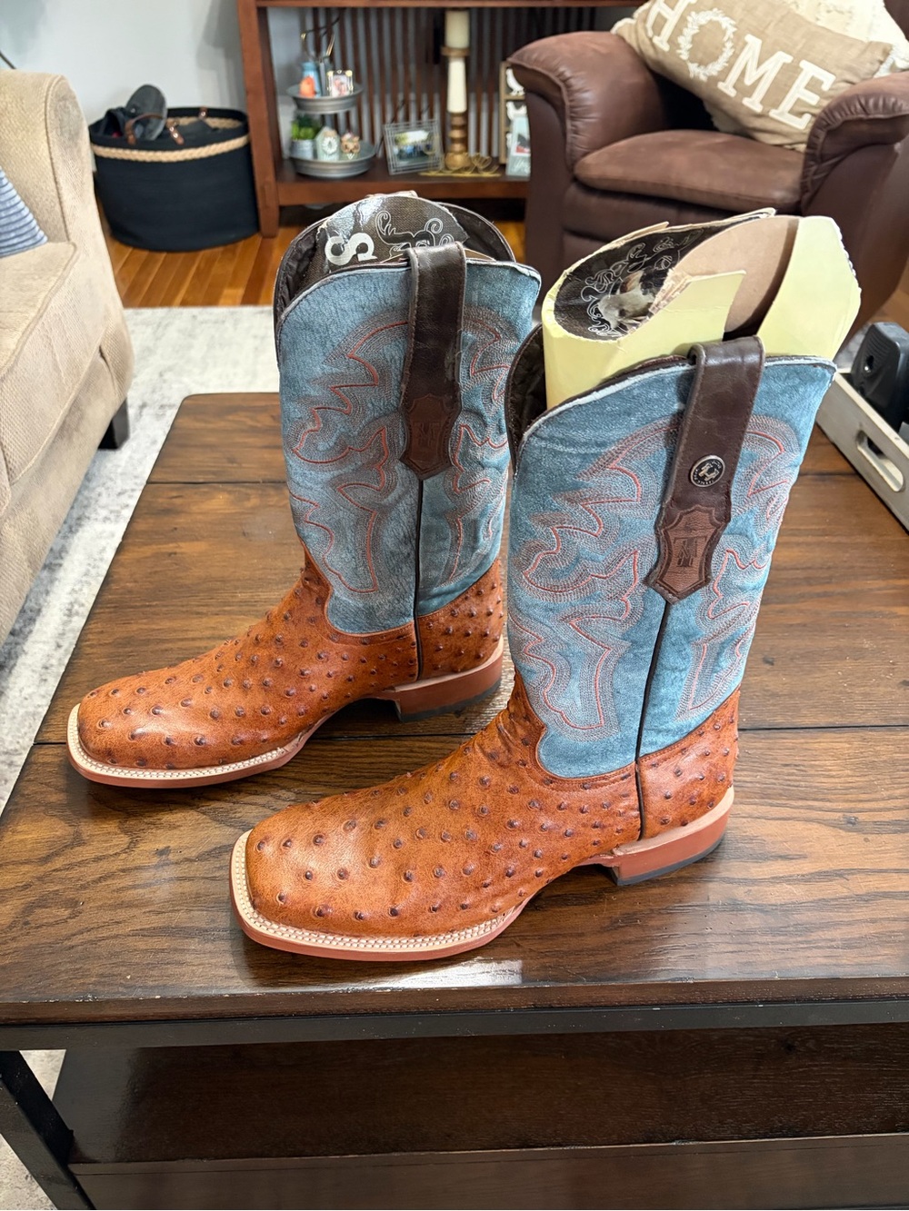 Men's Two-Tone Ostrich-Textured Cowboy Boots in Brown and Blue
